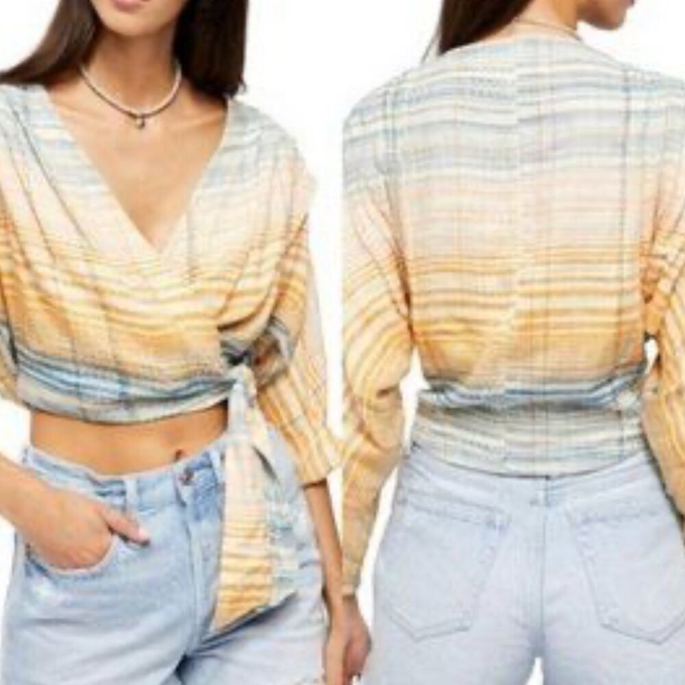 We‎ The Free People Maldives Orange Blue Plaid Wrap Crop Top Blouse XS OB958614